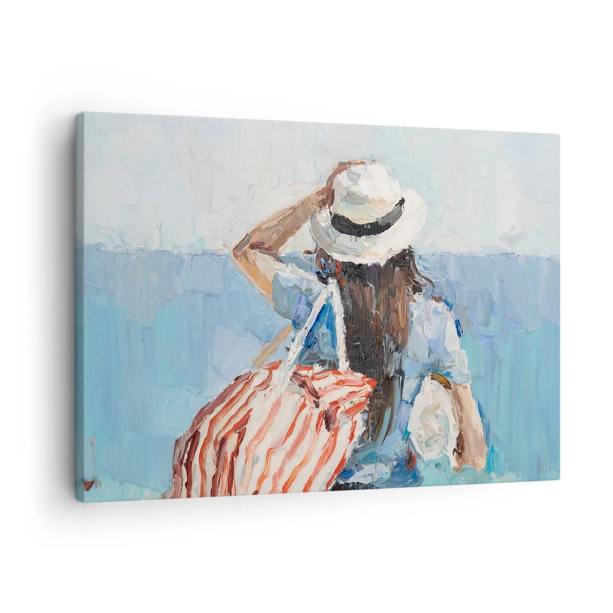 Bild auf Leinwand - Leinwandbild - Eine Frau mit Hut vor dem blauen Meer - 70x50cm - Willkommen in den Sommerferien - Moderne Wanddekoration für Wohnzimmer und Schlafzimmer ARTTOR