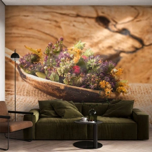 Fototapete Standard Eco - Getrocknete Kräuter auf einem rustikalen Holzlöffel - 100x70cm - Bunte Blumen und duftende Kräuter - Moderne Wanddekoration für Wohnzimmer und Schlafzimmer ARTTOR