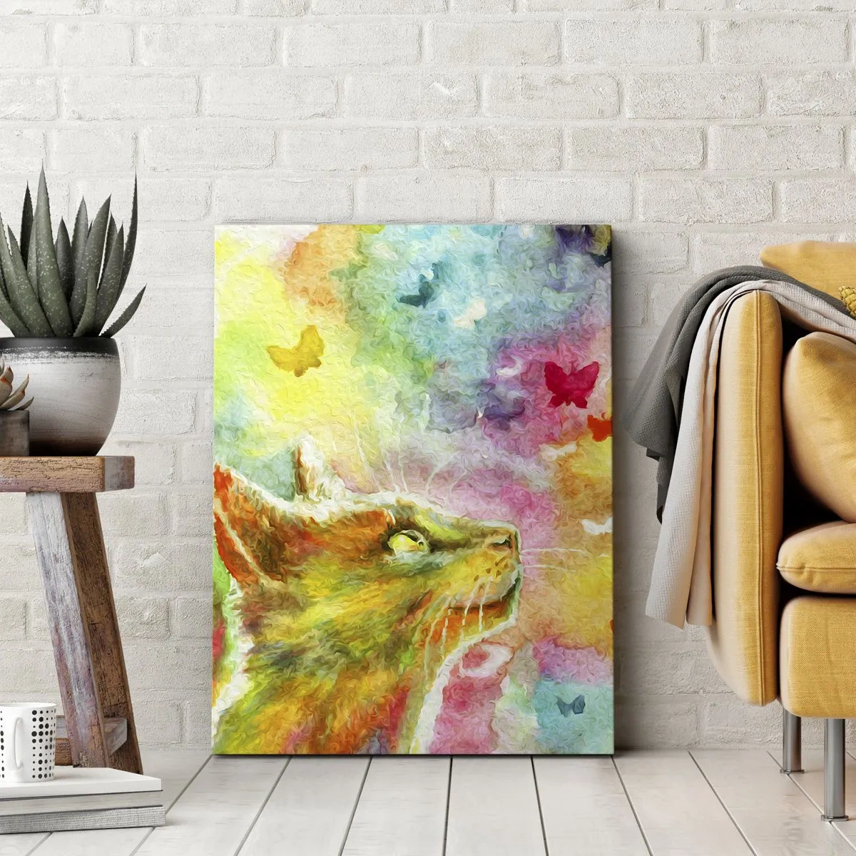 Bild auf Leinwand - Leinwandbild - Eine Katze umgeben von bunten Schmetterlingen - 50x70cm - Baju-baju im Katzenparadies - Moderne Wanddekoration für Wohnzimmer und Schlafzimmer ARTTOR