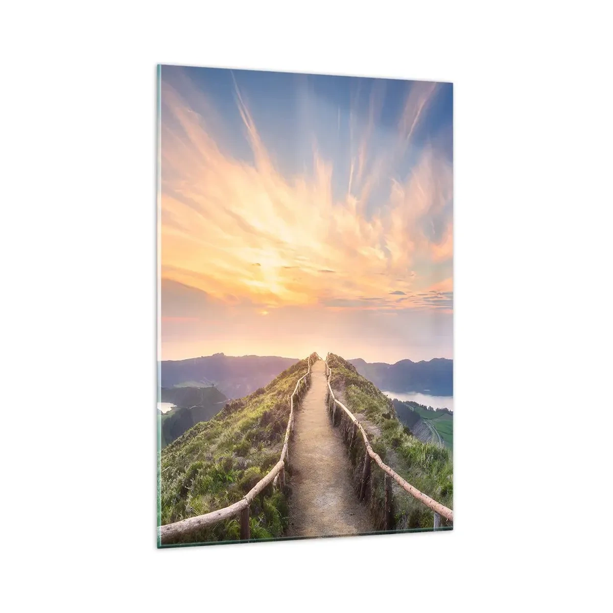 Glasbild - Bild auf glas - Ein malerischer Weg auf einem Hügel mit Blick auf den Sonnenuntergang - 80x120cm - Nah am Himmel - Moderne Wanddekoration für Wohnzimmer und Schlafzimmer ARTTOR