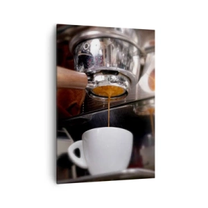 Bild auf Leinwand - Leinwandbild - Nahaufnahme einer Kaffeemaschine, die einen frischen Espresso zubereitet - 70x100cm - Gute Zeit des Tages - Moderne Wanddekoration für Wohnzimmer und Schlafzimmer ARTTOR