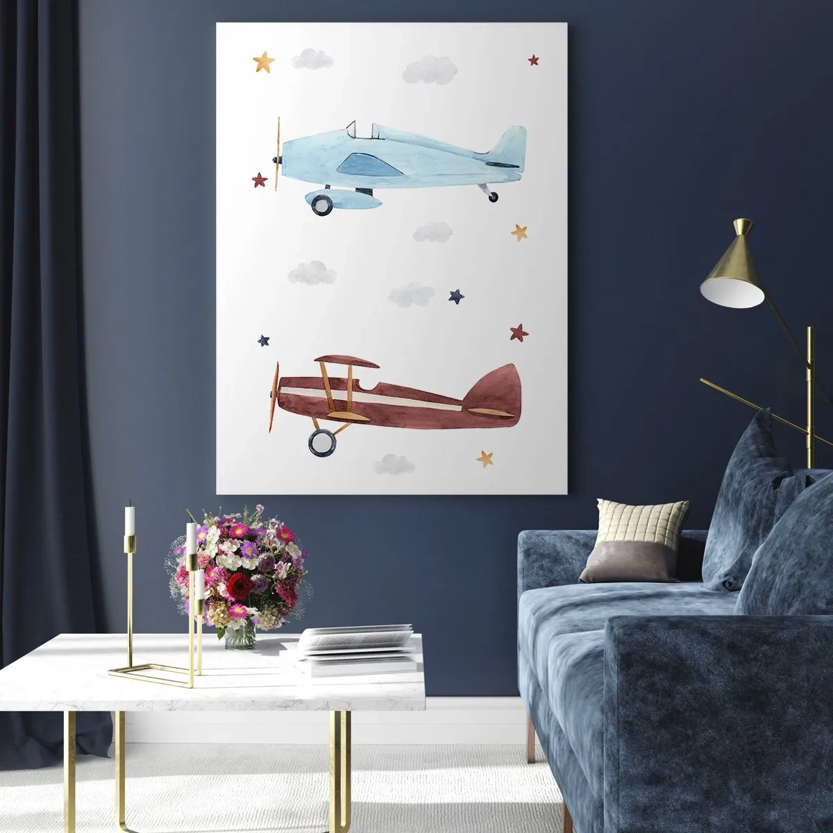 Glasbild - Bild auf glas - Zwei bunte Flugzeuge zwischen Sternen und Wolken - 50x70cm - Wir warten, Herr Pilot! - Moderne Wanddekoration für Wohnzimmer und Schlafzimmer ARTTOR