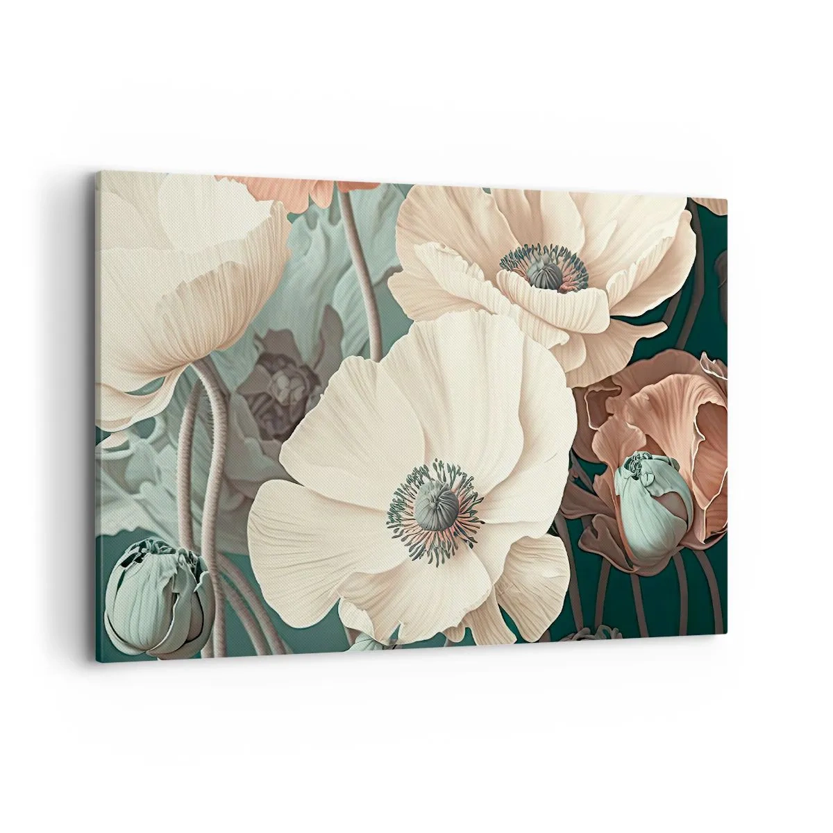Bild auf Leinwand - Leinwandbild - Elegante Blumen in Pastelltönen auf grünem Hintergrund - 120x80cm - Flüstern von Mohnblumen - Moderne Wanddekoration für Wohnzimmer und Schlafzimmer ARTTOR