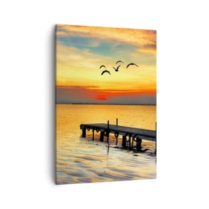 Bild auf Leinwand - Leinwandbild - Sonnenuntergang mit einem Segelboot und Pier auf einem ruhigen See - 50x70cm - Abendrückkehr - Moderne Wanddekoration für Wohnzimmer und Schlafzimmer ARTTOR