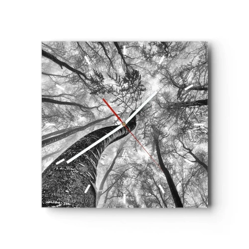 Wanduhr - Glasuhr - Perspektive von Bäumen in einem Wald von unten gesehen in Grautönen - 30x30cm - Rennen zum Licht - Moderne Wanddekoration für Wohnzimmer und Schlafzimmer ARTTOR