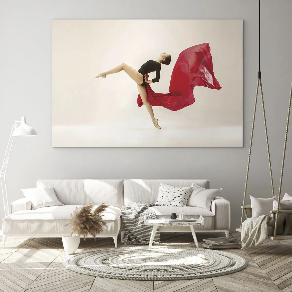 Glasbild - Bild auf glas - Eine Tänzerin im dynamischen Sprung mit rotem Stoff - 70x50cm - Rot und Schwarz - Moderne Wanddekoration für Wohnzimmer und Schlafzimmer ARTTOR