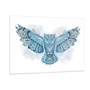 Glasbild - Bild auf glas - Blaue Eule mit ausgebreiteten Flügeln im geometrischen Stil - 120x80cm - Aus einem keltischen heiligen Hain - Moderne Wanddekoration für Wohnzimmer und Schlafzimmer ARTTOR