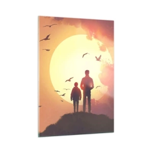 Glasbild - Bild auf glas - Figuren eines Vaters und eines Sohnes, die vor dem Hintergrund der untergehenden Sonne und fliegender Vögel stehen - 50x70cm - Von Angesicht zu Angesicht mit der Sonne - Moderne Wanddekoration für Wohnzimmer und Schlafzimmer ART