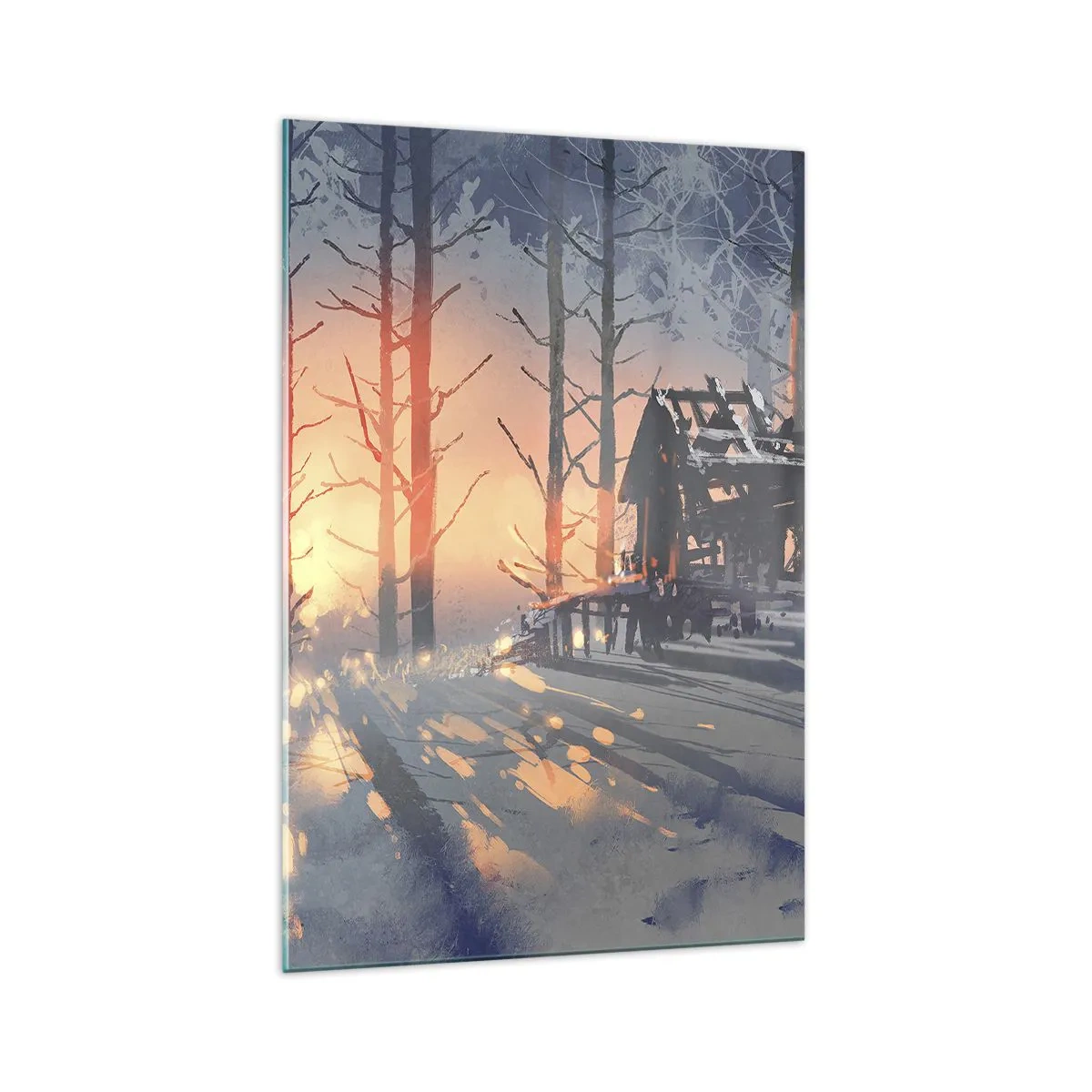 Glasbild - Bild auf glas - Ein Waldhäuschen in einer Winterlandschaft mit den Strahlen der untergehenden Sonne - 70x100cm - Hier sieht nur die Sonne rein - Moderne Wanddekoration für Wohnzimmer und Schlafzimmer ARTTOR