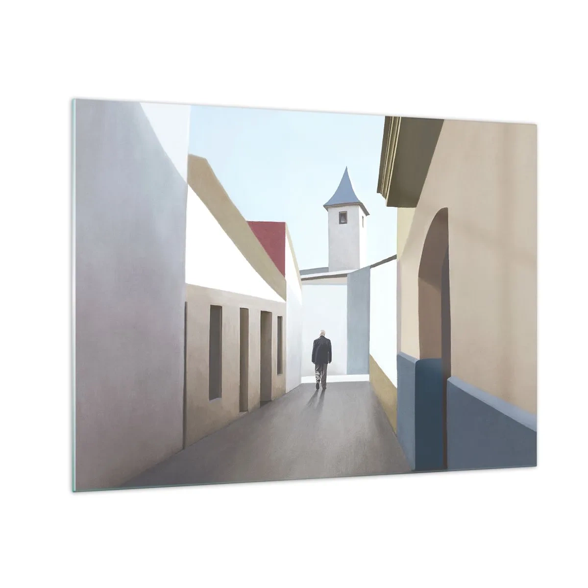 Glasbild - Bild auf glas - Eine Straße in der Sonne mit einer Gestalt, die in der Ferne geht - 70x50cm - Sonniger Spaziergang - Moderne Wanddekoration für Wohnzimmer und Schlafzimmer ARTTOR