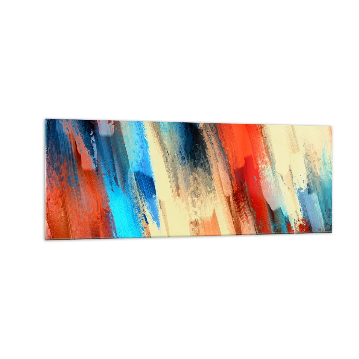 Glasbild - Bild auf glas - Abstrakter Pinselstrich in Blau- und Orangetönen - 140x50cm - Eine Kaskade von Farben - Moderne Wanddekoration für Wohnzimmer und Schlafzimmer ARTTOR