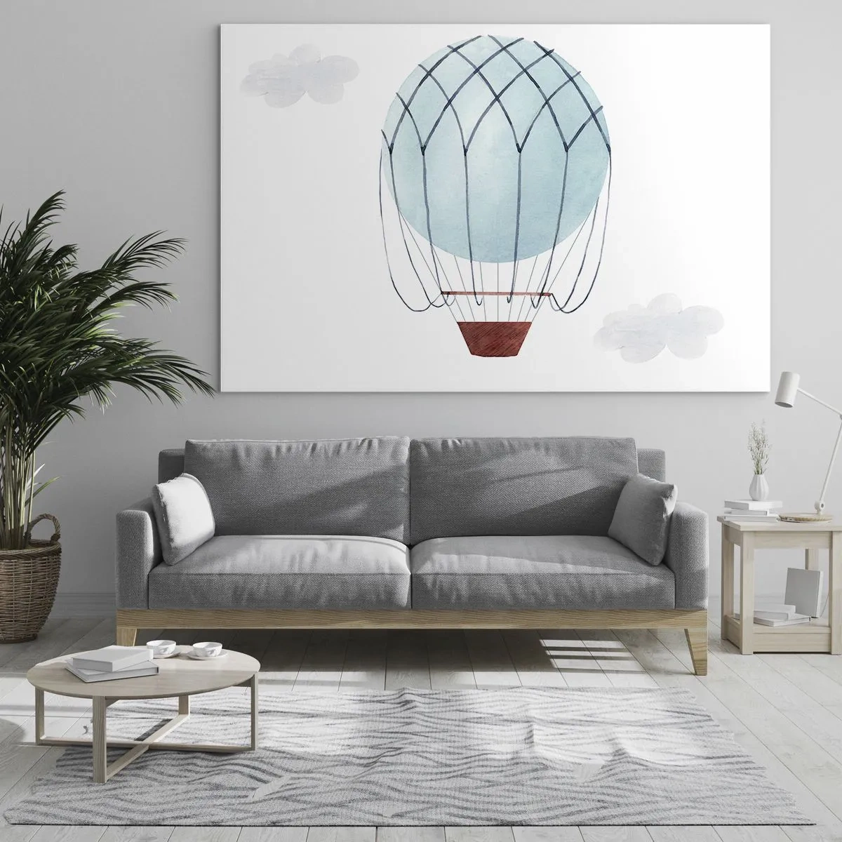 Glasbild - Bild auf glas - Blauer Heißluftballon in den Wolken - 70x50cm - Ganz in den Wolken - Moderne Wanddekoration für Wohnzimmer und Schlafzimmer ARTTOR