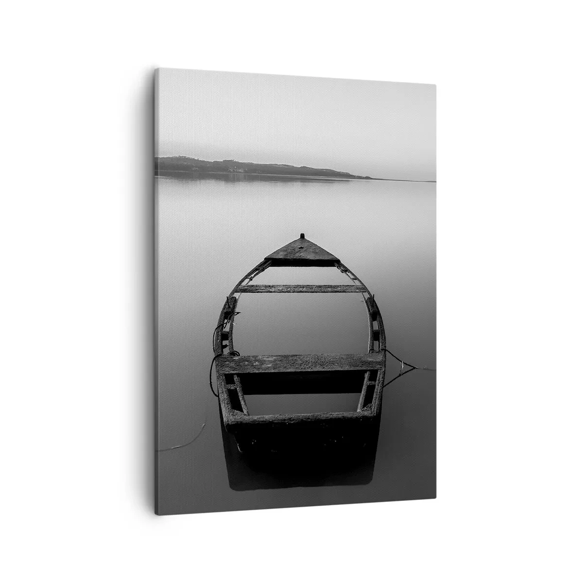 Bild auf Leinwand - Leinwandbild - Ein einsames Boot auf einem ruhigen See in Schwarz-Weiß-Tönen - 50x70cm - Sehnsucht und Melancholie - Moderne Wanddekoration für Wohnzimmer und Schlafzimmer ARTTOR