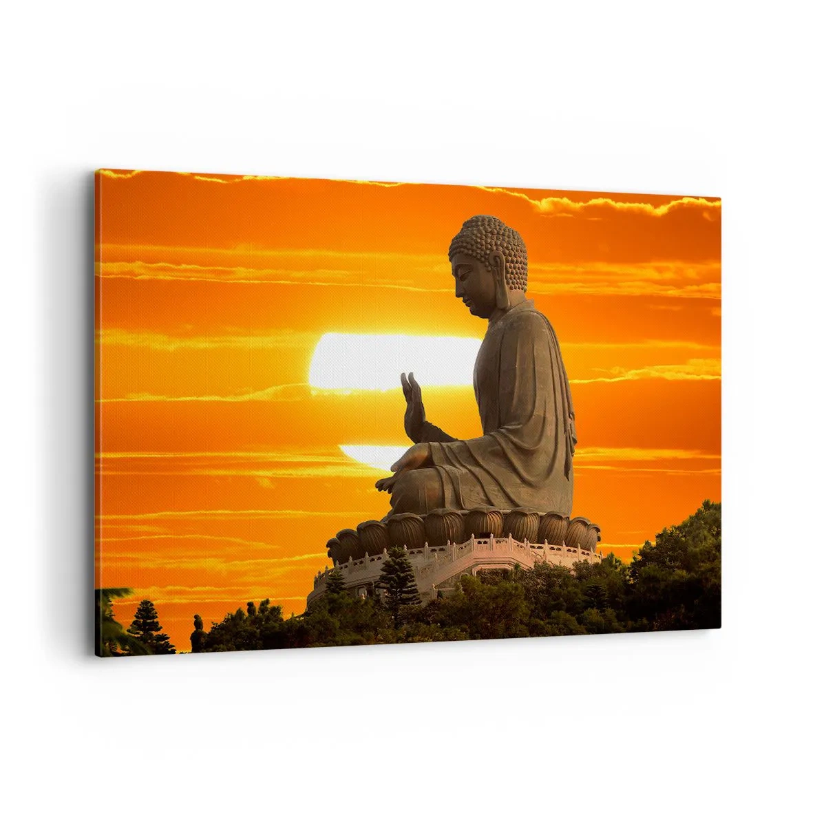 Bild auf Leinwand - Leinwandbild - Eine buddhistische Statue vor dem Hintergrund eines orangefarbenen Sonnenuntergangs - 120x80cm - Keine Angst vor der Welt - Moderne Wanddekoration für Wohnzimmer und Schlafzimmer ARTTOR