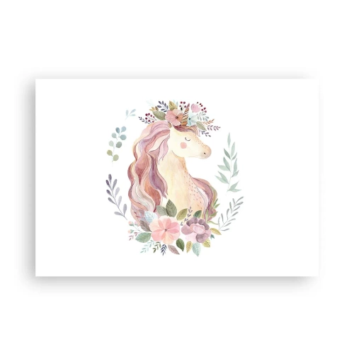 Poster - Ein Einhorn in Pastellfarben, umgeben von Blumen - 100x70cm - Eine Einladung in die Welt der Märchen - Moderne Wanddekoration für Wohnzimmer und Schlafzimmer ARTTOR