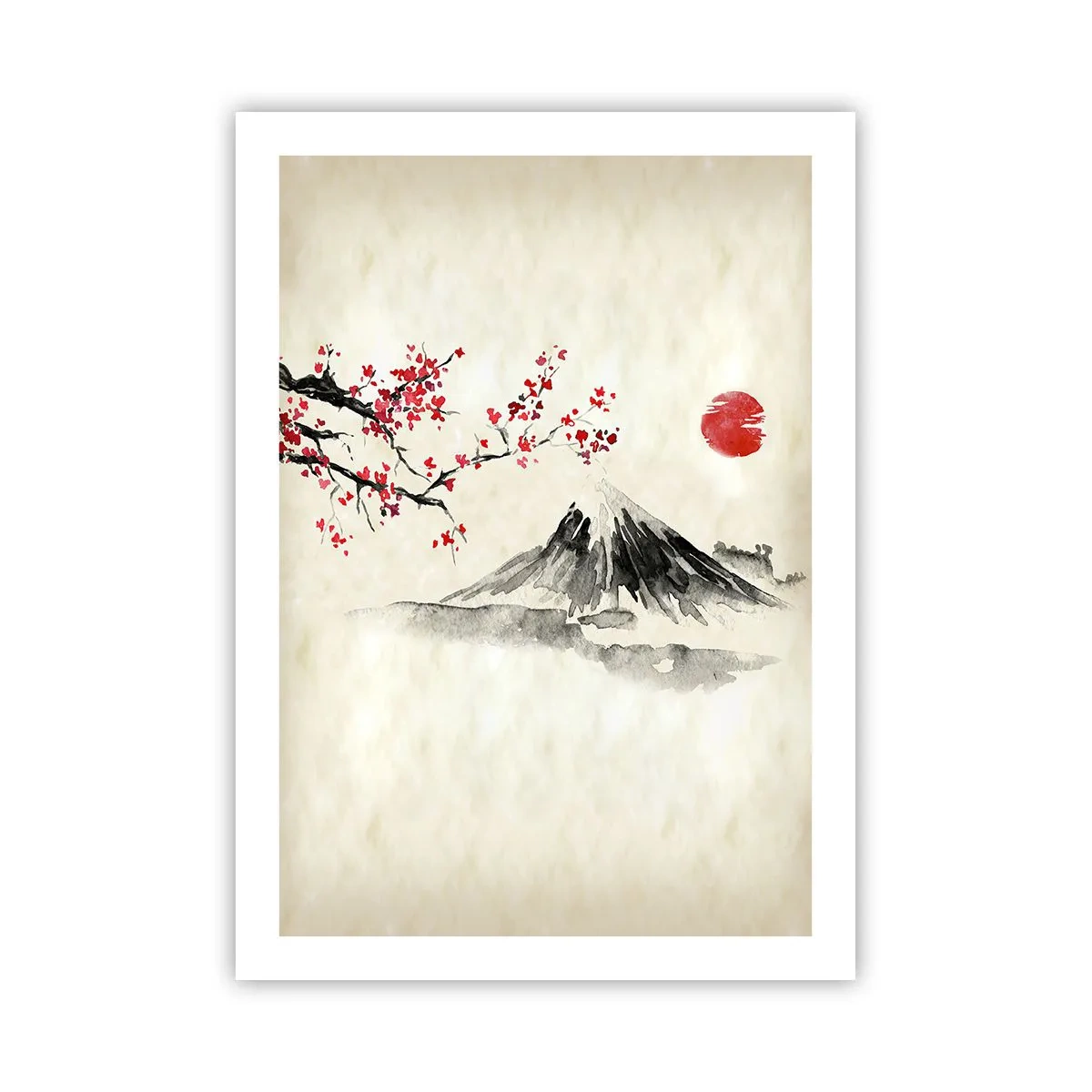 Poster - Ein Berg mit einem blühenden Kirschzweig und einer roten Sonne - 50x70cm - Liebe Japan - Moderne Wanddekoration für Wohnzimmer und Schlafzimmer ARTTOR