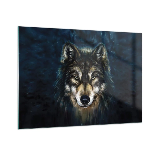 Glasbild - Bild auf glas - Ein Wolf vor einem dunklen Waldhintergrund im realistischen Stil. - 100x70cm - Alpha? Und Omega - Moderne Wanddekoration für Wohnzimmer und Schlafzimmer ARTTOR