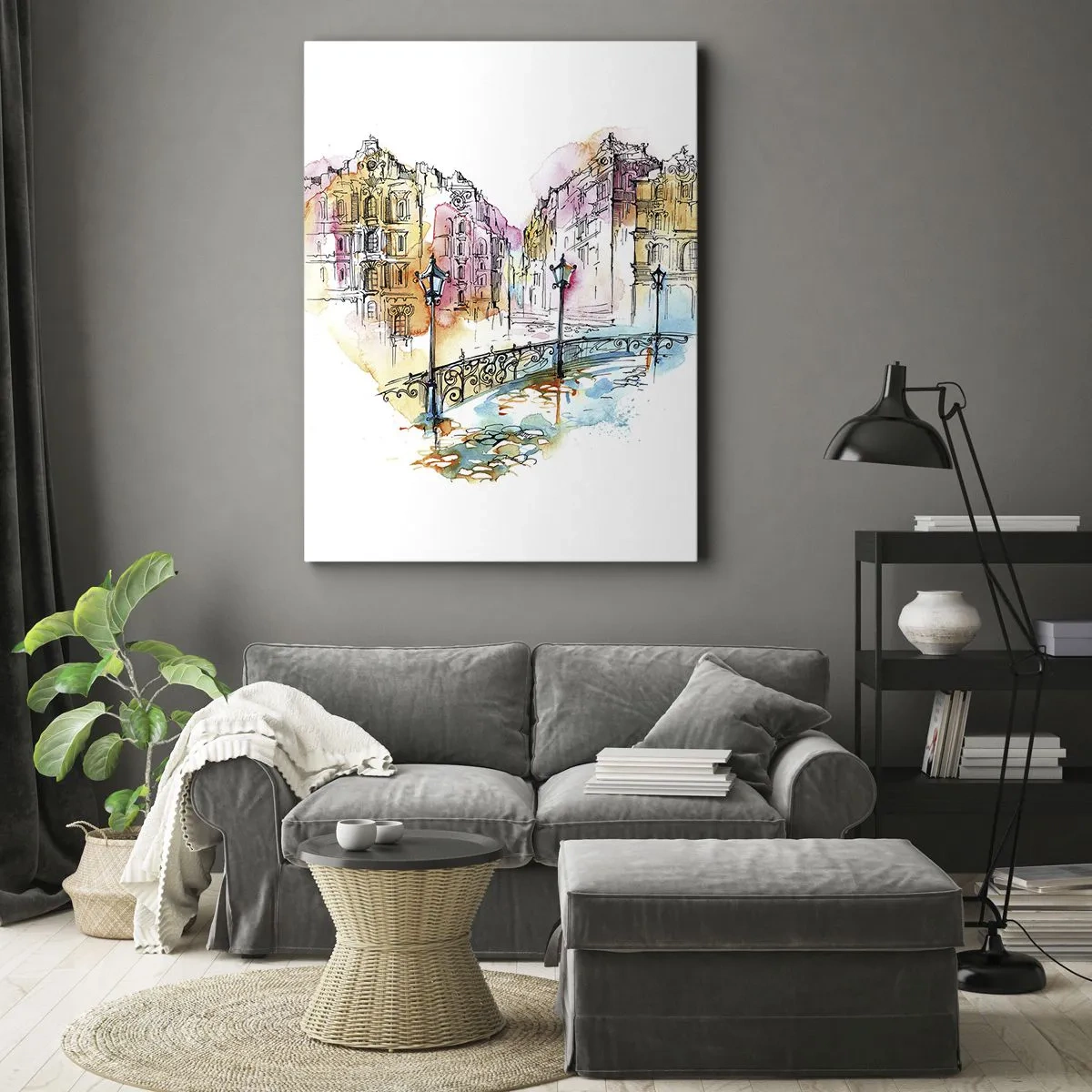 Bild auf Leinwand - Leinwandbild - Aquarell einer Brücke und herzförmigen Mietshäusern - 50x70cm - Das Herz der Stadt - Moderne Wanddekoration für Wohnzimmer und Schlafzimmer ARTTOR