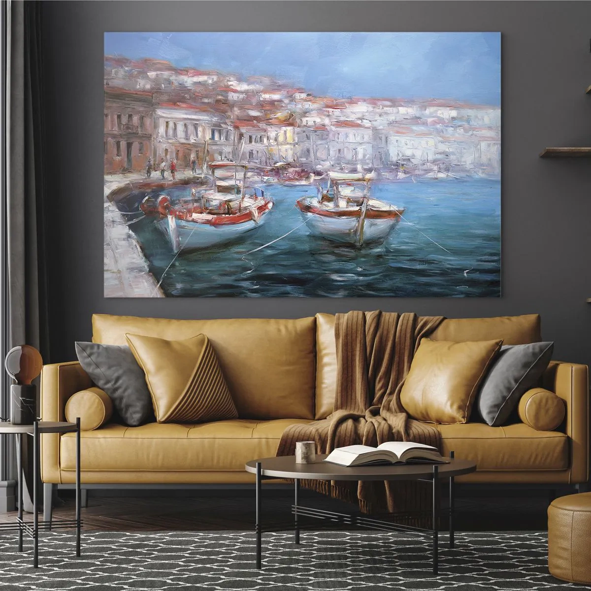 Glasbild - Bild auf glas - Fischerhafen mit Booten vor der Kulisse italienischer Gebäude und blauem Himmel - 70x50cm - Italienische Bucht - Moderne Wanddekoration für Wohnzimmer und Schlafzimmer ARTTOR