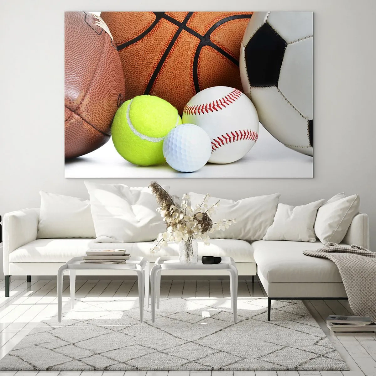 Glasbild - Bild auf glas - Eine Reihe von Sportbällen auf weißem Hintergrund - 100x70cm - Fußball verbindet uns! - Moderne Wanddekoration für Wohnzimmer und Schlafzimmer ARTTOR
