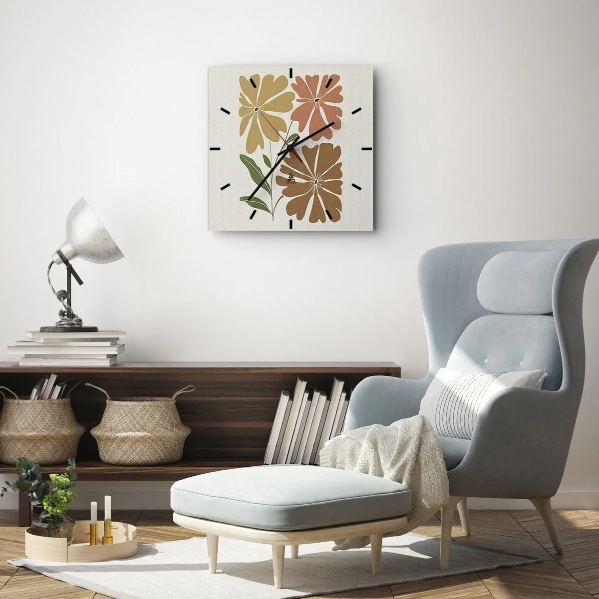 Wanduhr - Glasuhr - Drei Blumen in warmen Farben auf hellem Hintergrund - 30x30cm - Natur und Geometrie - Moderne Wanddekoration für Wohnzimmer und Schlafzimmer ARTTOR