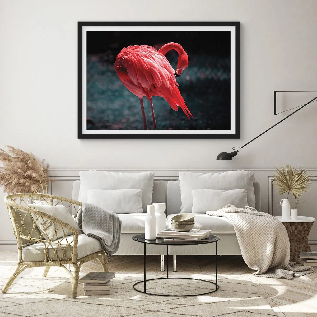 Poster in einem schwarzem Rahmen - Ein rosa Flamingo auf dunkelgrünem Hintergrund - 100x70cm - Ein purpurrotes Gedicht der Natur - Moderne Wanddekoration für Wohnzimmer und Schlafzimmer ARTTOR