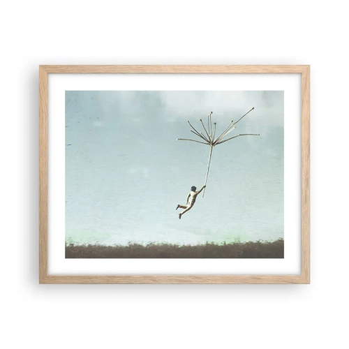 Poster in einem Rahmen aus heller Eiche - Drachen, Löwenzahn, Wind - 50x40 cm