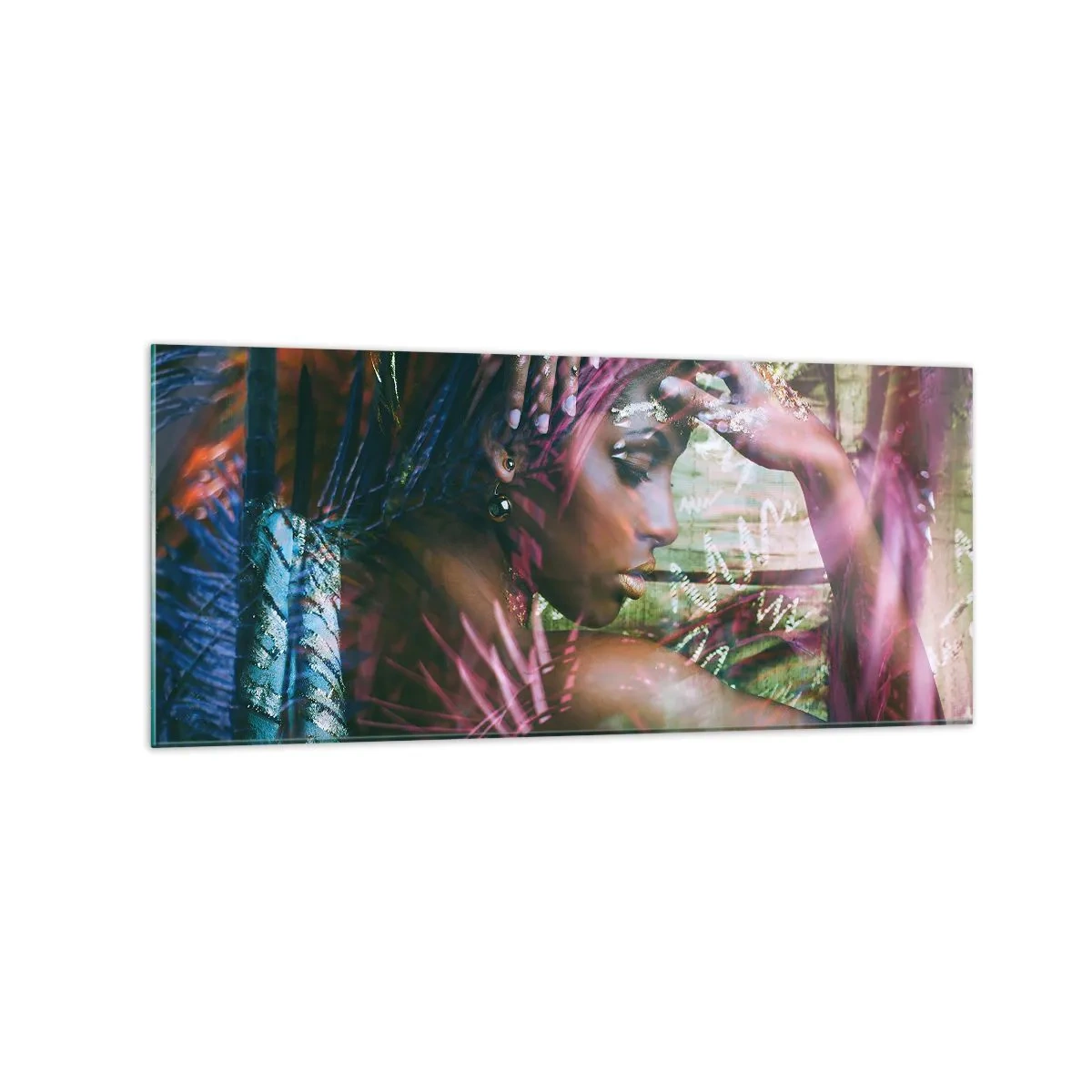 Glasbild - Bild auf glas - Porträt einer Frau, umgeben von exotischer Vegetation - 120x50cm - Mutter Natur im Dschungel - Moderne Wanddekoration für Wohnzimmer und Schlafzimmer ARTTOR
