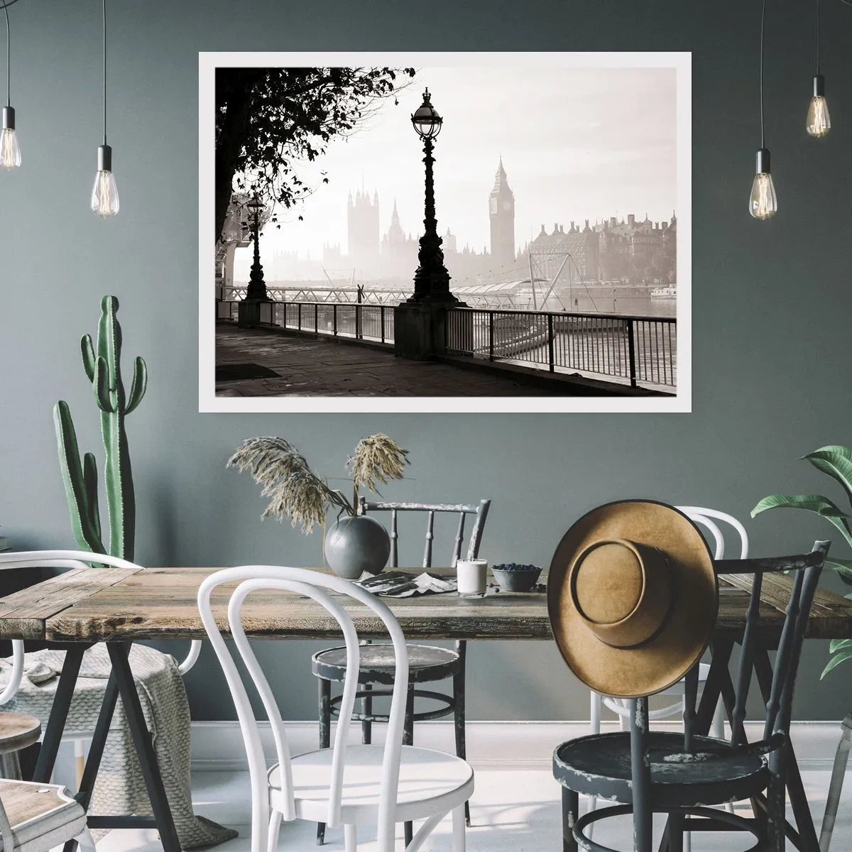 Poster - Eine monochrome Ansicht von Big Ben und der Themse. - 100x70cm - Londoner Morgen - Moderne Wanddekoration für Wohnzimmer und Schlafzimmer ARTTOR