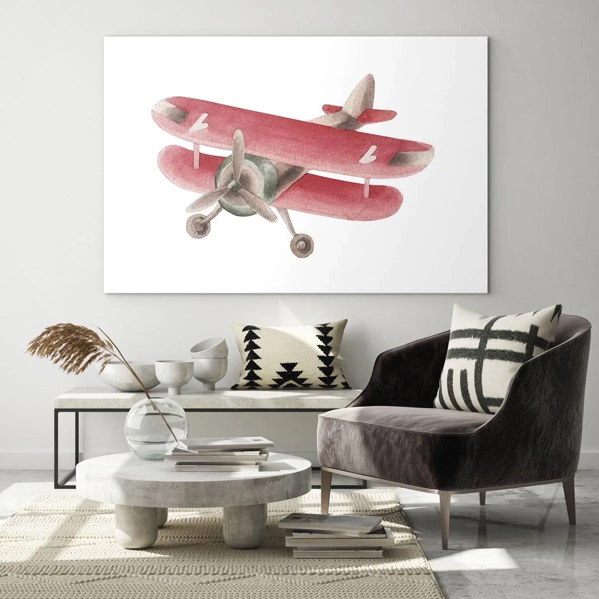 Glasbild - Bild auf glas - Doppeldecker im Retro-Stil in Rottönen - 70x50cm - Bereit für Höhenflüge - Moderne Wanddekoration für Wohnzimmer und Schlafzimmer ARTTOR