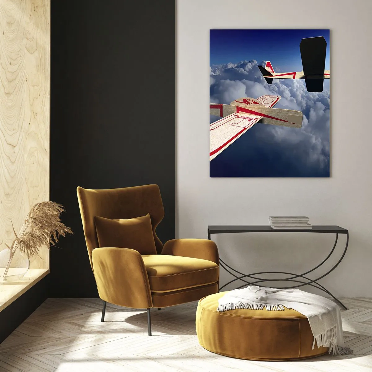Glasbild - Bild auf glas - Modellflugzeuge gleiten in den Wolken - 50x70cm - Noch höher, noch weiter - Moderne Wanddekoration für Wohnzimmer und Schlafzimmer ARTTOR