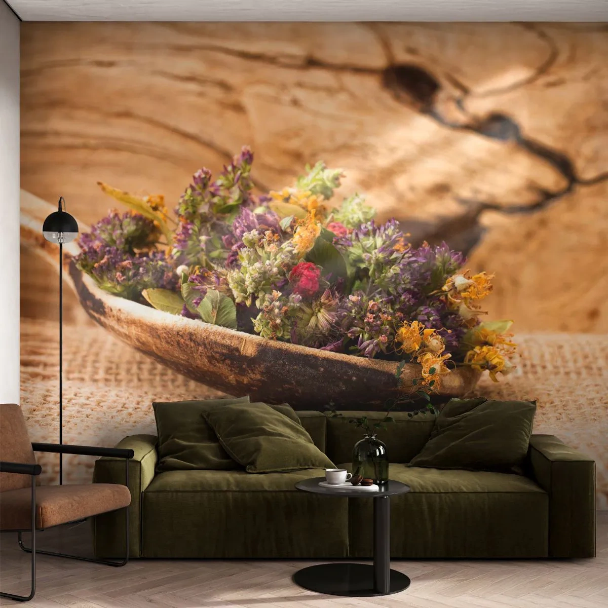 Fototapete Premium Sand - Bunte Blumen und duftende Kräuter - Natur, Getrocknete Kräuter, Küche - 500x350 cm