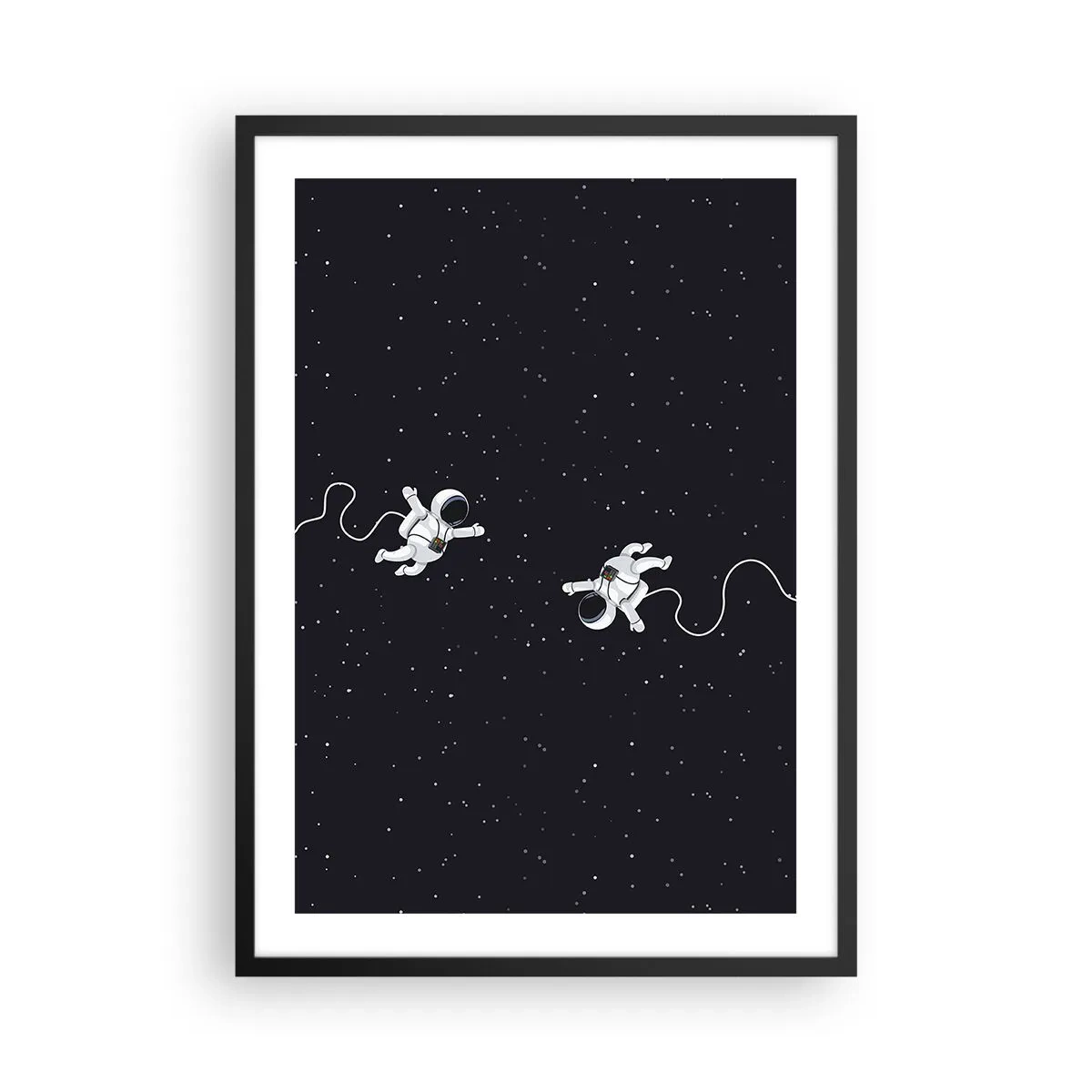 Poster in einem schwarzem Rahmen - Zwei Astronauten schweben im Weltraum - 50x70cm - Kosmischer Tanz - Moderne Wanddekoration für Wohnzimmer und Schlafzimmer ARTTOR