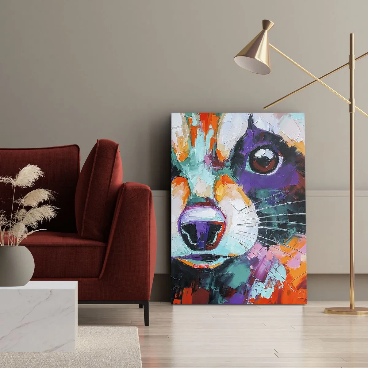 Bild auf Leinwand - Leinwandbild - Ein farbenfrohes Porträt eines Waschbären im Stil der expressiven Malerei. - 50x70cm - Nur gute Emotionen - Moderne Wanddekoration für Wohnzimmer und Schlafzimmer ARTTOR