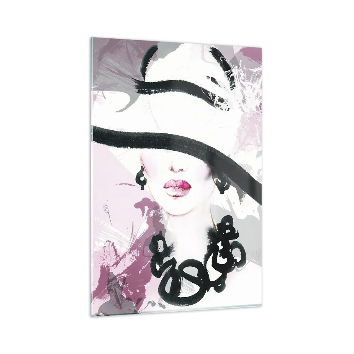 Glasbild - Bild auf glas - Eine elegante Frau mit Hut vor einem Hintergrund aus rosa Abstraktionen. - 80x120cm - Bildnis einer Dame in Schwarz und Pink - Moderne Wanddekoration für Wohnzimmer und Schlafzimmer ARTTOR
