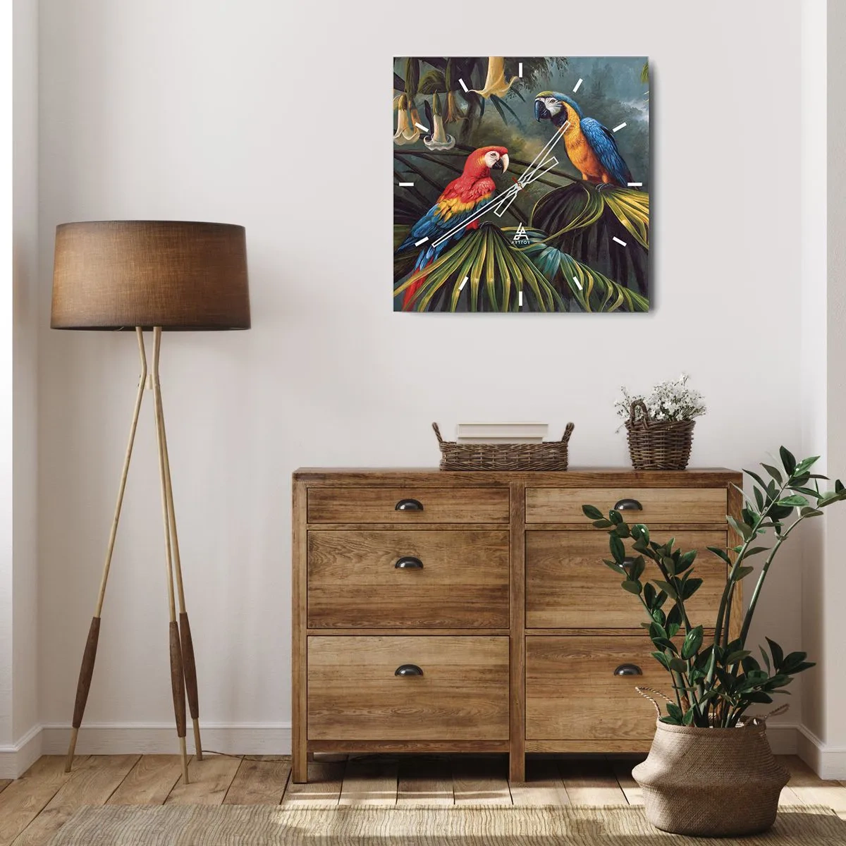 Wanduhr - Glasuhr - Papageien in einem tropischen Wald mit exotischen Blumen im Hintergrund - 30x30cm - Romantik in den Tropen - Moderne Wanddekoration für Wohnzimmer und Schlafzimmer ARTTOR