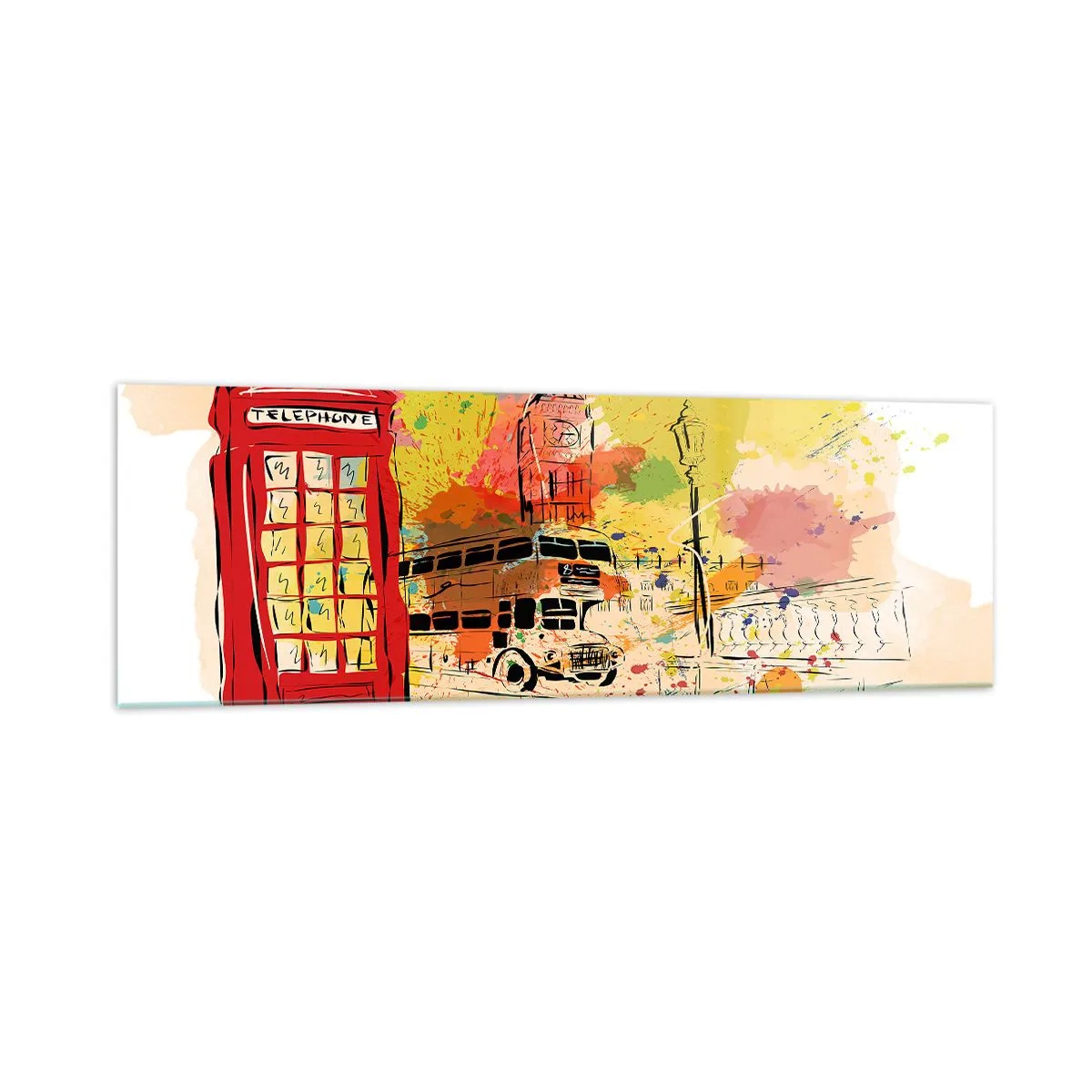 Glasbild - Bild auf glas - London-Thema mit rotem Bus und Stand - 160x50cm - Die Stadt der Vielfalt - Moderne Wanddekoration für Wohnzimmer und Schlafzimmer ARTTOR