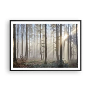 Poster in einem schwarzem Rahmen - Ein Wald in leichtem Nebel mit Sonnenstrahlen, die durch die Bäume scheinen - 100x70cm - Der Nebel ist auch aufgewacht - Moderne Wanddekoration für Wohnzimmer und Schlafzimmer ARTTOR