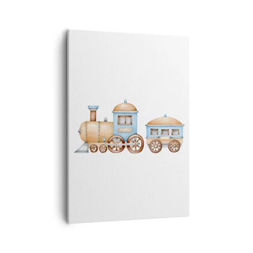Bild auf Leinwand - Leinwandbild - Zeichnung eines Zuges in Pastelltönen auf weißem Hintergrund - 50x70cm - Am Bahnhof steht ... - Moderne Wanddekoration für Wohnzimmer und Schlafzimmer ARTTOR