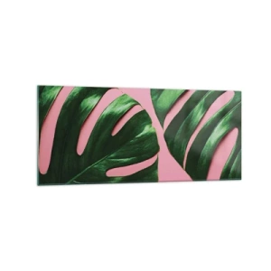 Glasbild - Bild auf glas - Grüne Monstera-Blätter auf rosa Hintergrund - 120x50cm - Rendezvous im Grünen - Moderne Wanddekoration für Wohnzimmer und Schlafzimmer ARTTOR