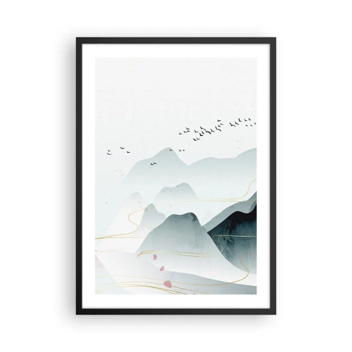 Poster in einem schwarzem Rahmen - Zarte Berge und Vögel in einer minimalistischen Komposition - 50x70cm - Über die Gipfel - Moderne Wanddekoration für Wohnzimmer und Schlafzimmer ARTTOR