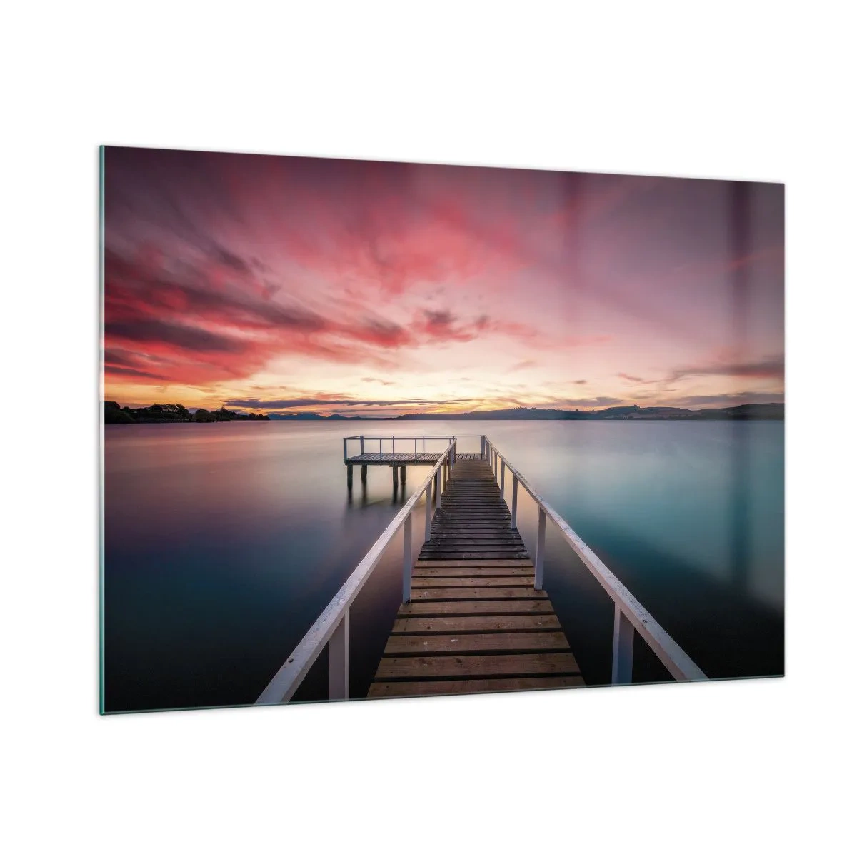 Glasbild - Bild auf glas - Lakeside Pier bei Sonnenuntergang mit einem rosa Himmel - 100x70cm - Die sanfte Flamme des Abends - Moderne Wanddekoration für Wohnzimmer und Schlafzimmer ARTTOR