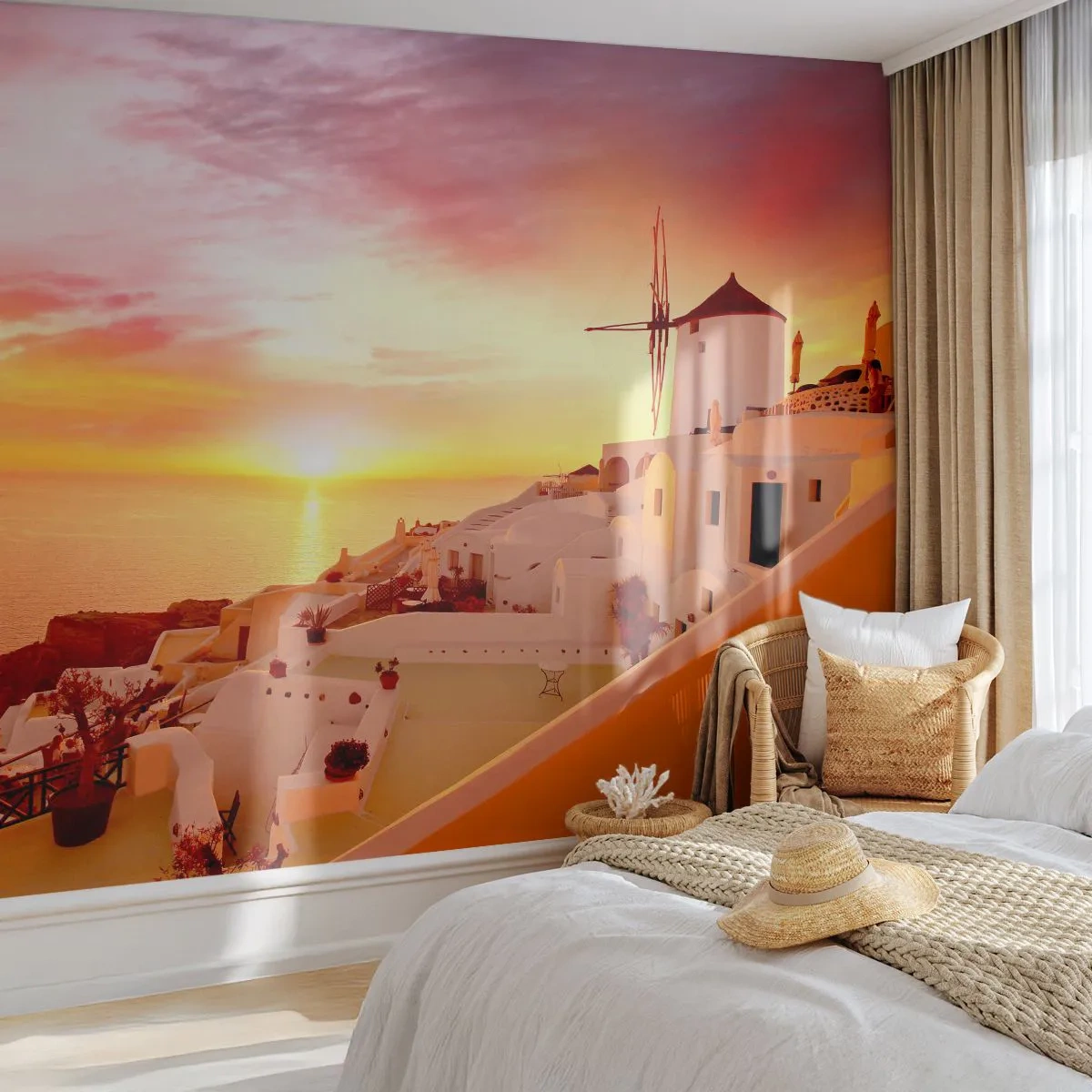 Fototapete Premium Sand - Weiße Häuser und eine Windmühle auf Santorin bei Sonnenuntergang - 100x70cm - In Weiß und Gold schmelzen - Moderne Wanddekoration für Wohnzimmer und Schlafzimmer ARTTOR