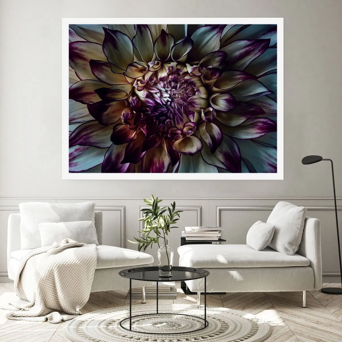 Poster - Nahaufnahme einer Dahlienblüte in dunklen Tönen - 100x70cm - Die Blütezeit der Jugend - Moderne Wanddekoration für Wohnzimmer und Schlafzimmer ARTTOR