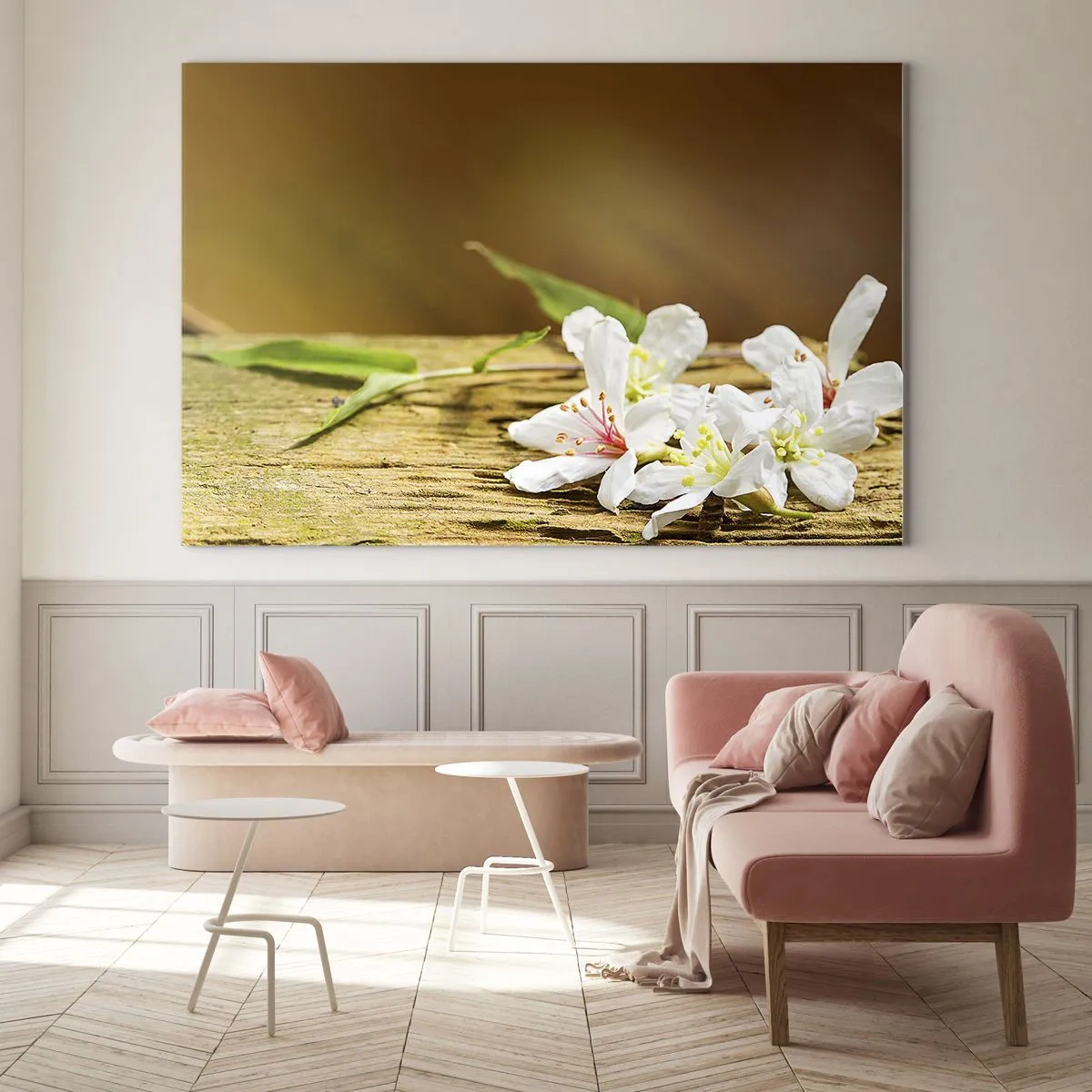 Glasbild - Bild auf glas - Weiße Blumen auf einem hölzernen Hintergrund in warmem Licht - 120x80cm - Ein unschuldiges Versprechen - Moderne Wanddekoration für Wohnzimmer und Schlafzimmer ARTTOR