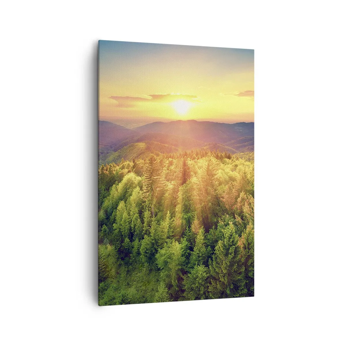 Bild auf Leinwand - Leinwandbild - Waldlandschaft mit Sonnenuntergang über den Hügeln - 80x120cm - Scheitelpunkte und Spitzen - Moderne Wanddekoration für Wohnzimmer und Schlafzimmer ARTTOR