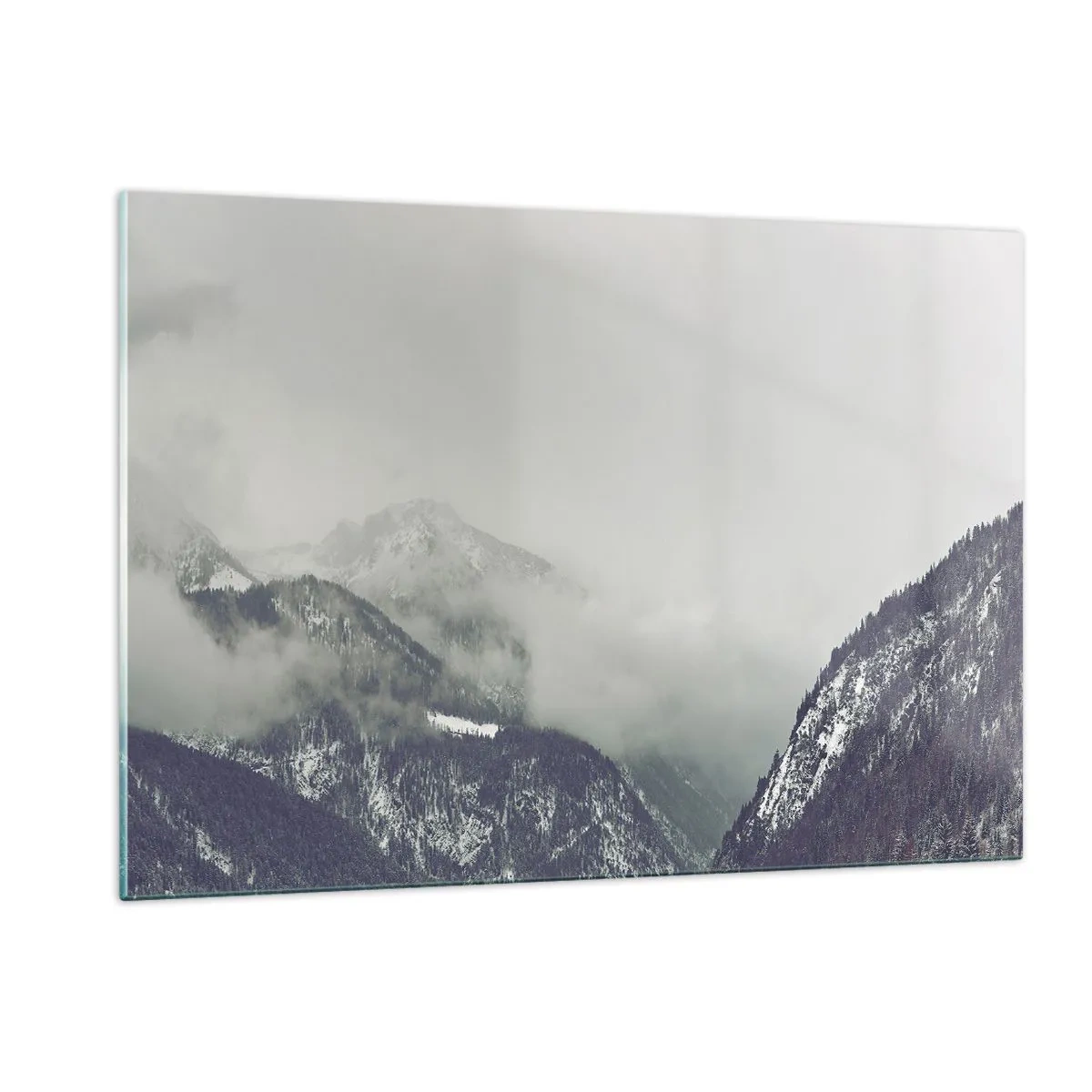 Glasbild - Bild auf glas - Ein Bergtal im Nebel in Grautönen - 120x80cm - Nebliges Tal - Moderne Wanddekoration für Wohnzimmer und Schlafzimmer ARTTOR