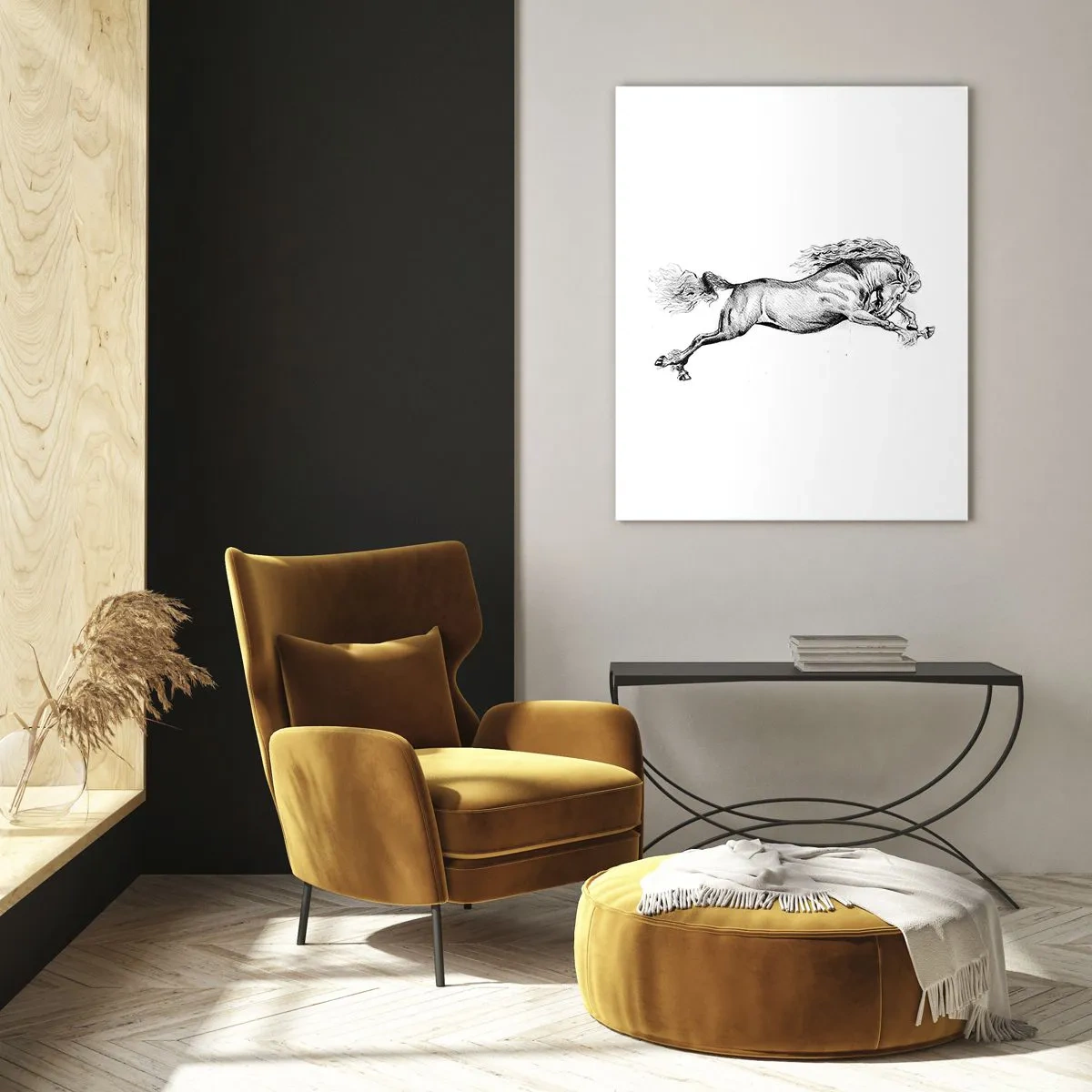Glasbild - Bild auf glas - Skizze eines Pferdes im dynamischen Galopp auf weißem Hintergrund - 80x120cm - Im Galopp festgehalten - Moderne Wanddekoration für Wohnzimmer und Schlafzimmer ARTTOR