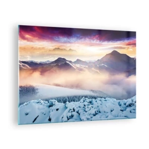 Glasbild - Bild auf glas - Winterliche Berglandschaft mit untergehender Sonne und Nebel - 70x50cm - Die Kraft und Reinheit der Natur - Moderne Wanddekoration für Wohnzimmer und Schlafzimmer ARTTOR