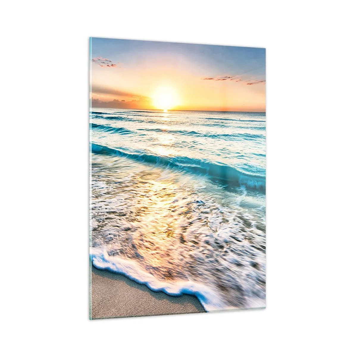 Glasbild - Bild auf glas - Strand am Morgen mit Wellen und Sonnenaufgang - 50x70cm - Ein Blick lohnt sich - Moderne Wanddekoration für Wohnzimmer und Schlafzimmer ARTTOR